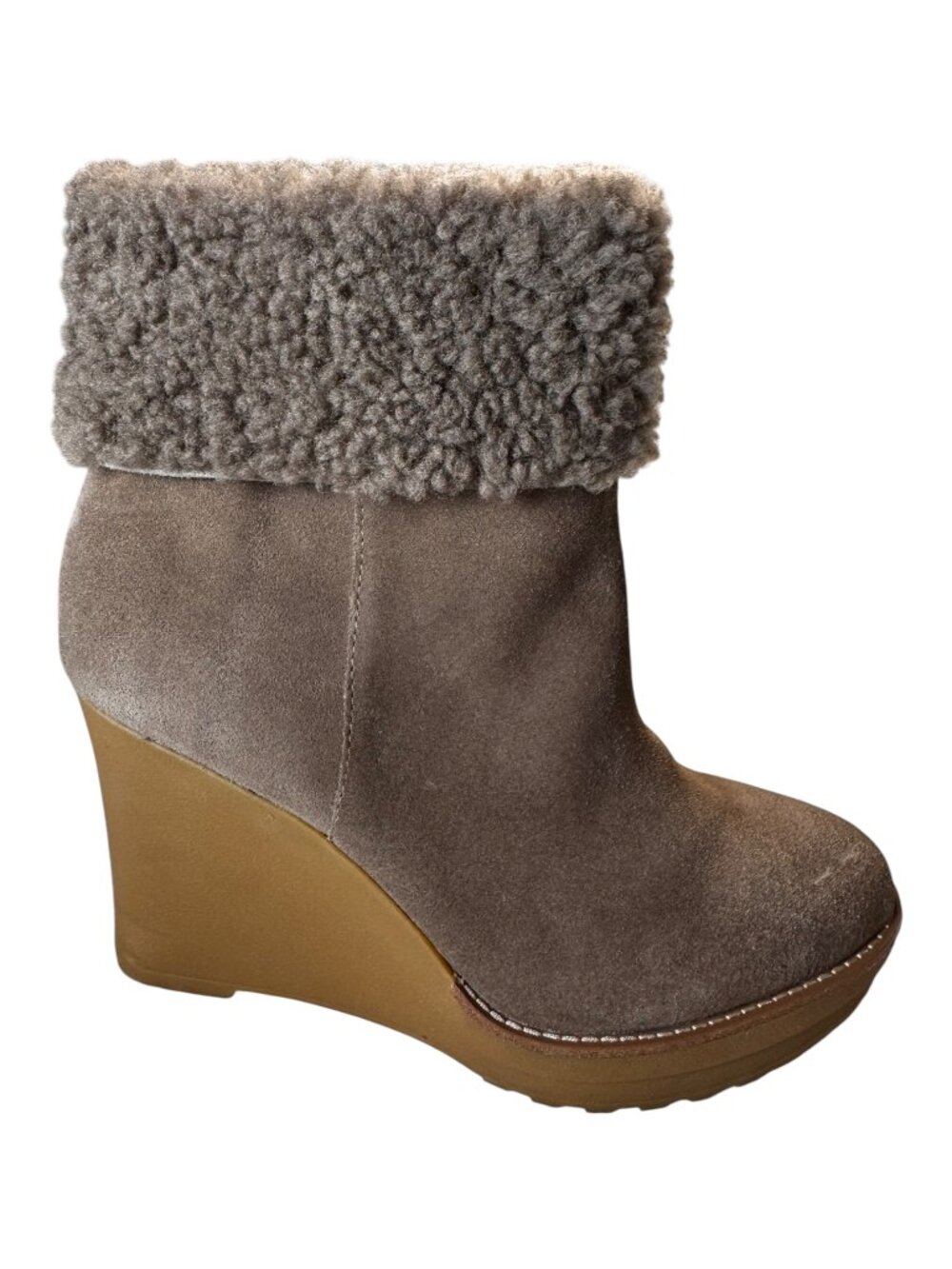 NWT Lauren Ralph Lauren Steph Taupe Suede Shearling Wedge Ankle Booties Size 8 M